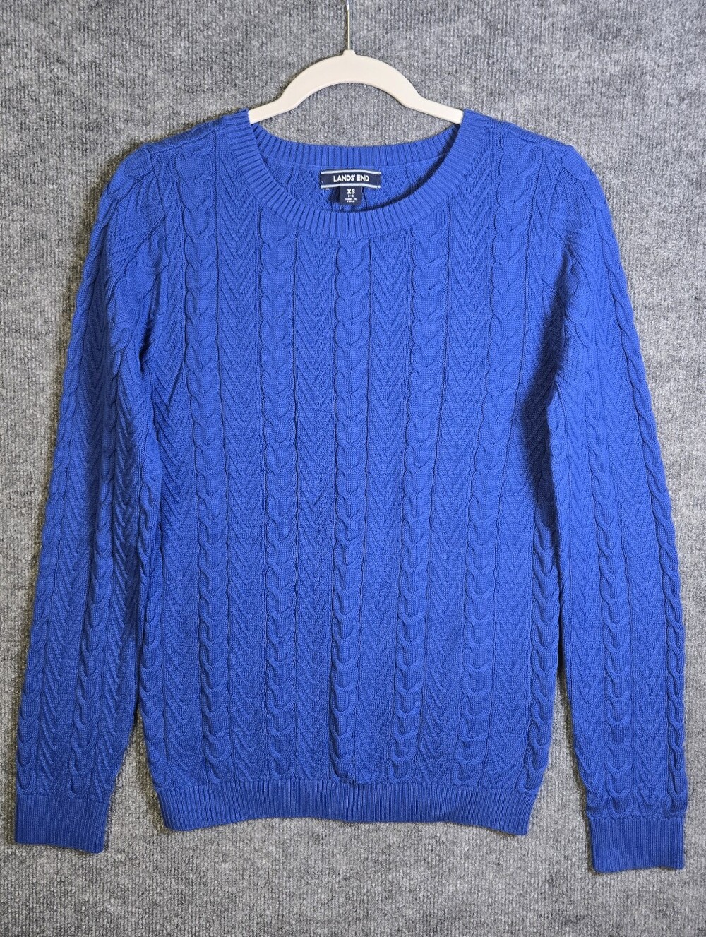 Lands End Sweater Womens XS Bayou Blue Cable Knit Crew Neck Long Sleeve New